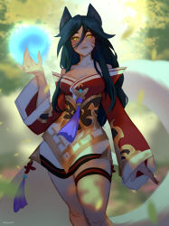 Rule 34 | 1girl, absurdres, ahri (league of legends), animal ears, bare shoulders, black hair, breasts, cleavage, closed mouth, dress, forest, fox ears, fox girl, fox tail, highres, japanese clothes, large breasts, leaf, league of legends, lips, long hair, looking at viewer, nature, off-shoulder dress, off shoulder, outdoors, raida (raidasart), red dress, sketch, solo, tail, unfinished, yellow eyes