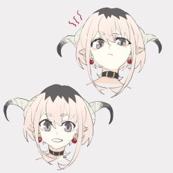 Rule 34 | 1girl, angry, black collar, black eyes, black hair, collar, earrings, flat color, frown, grey background, grin, highres, horns, jewelry, lily (machi), looking at viewer, machi (wm), multicolored hair, multiple views, original, pink hair, pointy ears, portrait, short hair with long locks, simple background, smile, two-tone hair
