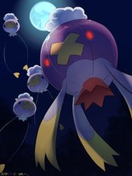Rule 34 | commentary request, creatures (company), dated, drifblim, drifloon, eric flay, evolutionary line, flying, full moon, game freak, gen 4 pokemon, glowing, glowing eyes, moon, night, nintendo, no humans, outdoors, pokemon, pokemon (creature), red eyes