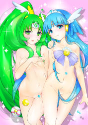 Rule 34 | 10s, 2girls, aoki reika, bad id, bad pixiv id, blue eyes, blue hair, blush, breasts, censored, completely nude, convenient censoring, covering privates, covering breasts, cure beauty, cure march, deep skin, eyelashes, green eyes, green hair, hair censor, long hair, midorikawa nao, multiple girls, nail polish, navel, nude, ponytail, precure, shijou mako, small breasts, smile precure!, sparkle, tiara, very long hair
