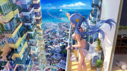 Rule 34 | 1girl, absurdres, ahoge, apartment, balcony, bikini, blue hair, bookshelf, building, cat, character request, city, cityscape, cloud, confetti, controller, copyright request, d-pad, d-pad hair ornament, day, facing away, floating hair, game console, game controller, hair ornament, highres, horizon, long hair, ocean, outdoors, outstretched arm, paper airplane, plant, playstation 4, potted plant, railing, sarong, scenery, sky, solo, standing, stella chen yui, summer, sunlight, swimsuit, twintails, water, watercraft, white bikini, wind, wristband