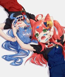 Rule 34 | 2girls, ahoge, bell, black shirt, blue bow, blue eyes, blue hair, blue nails, bow, cat hair ornament, chobi (penguin paradise), commentary, cone hair bun, drooling, fangs, green eyes, grey background, hair bell, hair bow, hair bun, hair ornament, hairclip, highres, hololive, hoshimachi suisei, jingle bell, long hair, lying, multicolored nails, multiple girls, nail polish, on back, one side up, open mouth, overalls, red bow, red hair, red nails, sakura miko, saliva, shirt, short sleeves, symbol-only commentary, very long hair, virtual youtuber, yellow bow