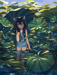 Rule 34 | 1girl, :o, animal ear fluff, animal ears, bare shoulders, black hair, blue shirt, blush, cat ears, collarbone, commentary request, cowboy shot, day, eyebrows hidden by hair, green eyes, highres, holding, kgt (pixiv12957613), long bangs, long hair, open mouth, original, plant, refraction, shirt, sleeveless, solo, sunlight, thighs, wetland