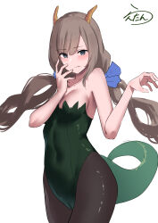 Rule 34 | 1girl, absurdres, alternate costume, bare shoulders, black pantyhose, blue bow, blue eyes, bow, breasts, dragon horn, dragon tail, green leotard, hair bow, highres, kantai collection, lanthan, leotard, long hair, low twintails, maryland (kancolle), medium breasts, nontraditional playboy bunny, one-hour drawing challenge, pantyhose, solo, strapless, strapless leotard, tail, twintails