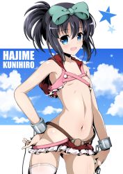 1girl bare_shoulders black_hair blue_eyes blush bow character_name commentary_request cuffs flat_chest hair_between_eyes hair_bow hand_on_own_hip highres hip_vent kunihiro_hajime looking_at_viewer navel no_panties open_mouth ponytail pussy revealing_clothes saki_(manga) shiny_skin short_hair single_thighhigh skirt smile solo standing star_(symbol) thighhighs xiao_rui_rui