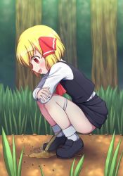 Rule 34 | 1girl, ant, black footwear, black jacket, black skirt, blonde hair, bug, crossed arms, fang, forest, from side, grass, hair ribbon, highres, insect, iwashimizu, jacket, long sleeves, nature, panties, panty pull, peeing, puddle, red eyes, ribbon, rumia, shirt, shoes, short hair, skirt, sleeveless, sleeveless jacket, socks, squatting, steam, touhou, tree, underwear, white panties, white shirt, white socks