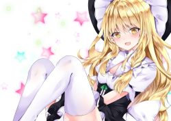 Rule 34 | 1girl, :d, bad id, bad twitter id, black hat, blonde hair, blurry, blurry background, bow, braid, fang, hat, kirisame marisa, looking at viewer, nanase nao, open mouth, short sleeves, side braid, single braid, smile, solo, star (symbol), starry background, thighhighs, touhou, white background, white bow, white thighhighs, witch hat, yellow eyes