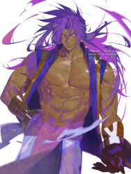 Rule 34 | 1boy, bare pectorals, bare shoulders, bhima (fate), dark-skinned male, dark skin, fate/grand order, fate (series), floating hair, gauntlets, highres, indian clothes, large pectorals, long hair, male focus, muscular, muscular male, pectorals, pelvic curtain, purple eyes, purple hair, purple vest, semi (p-poco), simple background, smile, solo, very long hair, vest