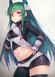 Rule 34 | 1girl, asymmetrical legwear, black pantyhose, bodysuit, breasts, cleavage cutout, closed mouth, clothing cutout, eyebrows, fingerless gloves, gloves, gradient background, green hair, groin, hand on own chest, hand on own hip, headgear, highres, impossible clothes, impossible shirt, long hair, long sleeves, looking at viewer, medium breasts, menou kaname (taishi), midriff, navel, original, pantyhose, purple eyes, shirt, single leg pantyhose, single thighhigh, skin tight, solo, stomach, taishi (picchiridou), taut clothes, taut shirt, thighhighs, uneven legwear, very long hair
