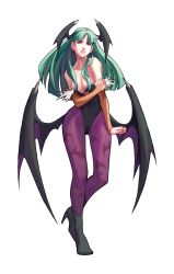Rule 34 | 1girl, absurdres, animal print, arnold tsang, bat print, bat wings, blunt bangs, boots, breasts, bridal gauntlets, capcom, cleavage, clothing cutout, demon girl, full body, fur trim, green eyes, green hair, hair over shoulder, head wings, heart, heart cutout, high heels, highleg, highleg leotard, highres, holding own arm, large breasts, leotard, long hair, looking away, matching hair/eyes, morrigan aensland, official art, pantyhose, parted bangs, parted lips, patterned legwear, print pantyhose, purple pantyhose, shoes, simple background, solo, standing, tiptoes, udon entertainment, vampire (game), vampire chronicle, white background, wings