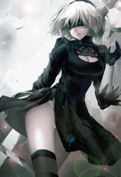 Rule 34 | 1girl, black dress, black gloves, black thighhighs, blindfold, breasts, cleavage, cleavage cutout, clothing cutout, cowboy shot, dress, feather-trimmed sleeves, gloves, hairband, juliet sleeves, leotard, leotard under clothes, long sleeves, looking at viewer, medium breasts, nier (series), nier:automata, puffy sleeves, short hair, silver hair, solo, sword, thighhighs, thighs, weapon, 2b (nier:automata), zen33n