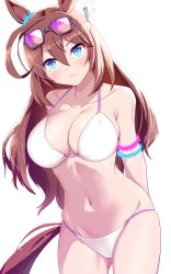 Rule 34 | 1girl, ahoge, animal ears, arms behind back, bikini, blank stare, blue eyes, breasts, brown hair, cleavage, closed mouth, collarbone, cowboy shot, ear ornament, expressionless, eyewear on head, gluteal fold, hair between eyes, highres, horse ears, horse girl, horse tail, large breasts, long hair, looking at viewer, mihono bourbon (umamusume), navel, simple background, sousakubito, strap gap, sunglasses, swimsuit, tail, umamusume, white background, white bikini