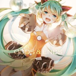 Rule 34 | 1girl, copyright name, fingerless gloves, gloves, green eyes, green hair, hatsune miku, long hair, matching hair/eyes, nou (nounknown), odds &amp; ends (vocaloid), open mouth, outstretched arms, project diva (series), project diva f, skirt, solo, tears, thighhighs, twintails, very long hair, vocaloid