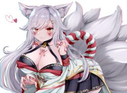 Rule 34 | 1girl, all fours, animal ears, bare shoulders, body markings, breasts, chisya syuri, choker, cleavage, collarbone, detached sleeves, facial mark, fang, fox ears, fox tail, grey hair, hair ornament, hairclip, hand up, highres, indie virtual youtuber, japanese clothes, kairi630, kimono, large breasts, long hair, long sleeves, looking at viewer, multiple tails, nontraditional miko, rope, shimenawa, skin fang, skirt, solo, tail, virtual youtuber, wide sleeves