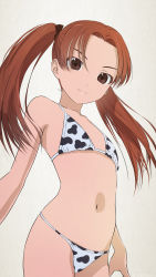 Rule 34 | 1girl, absurdres, akagi (fmttps), animal print, bikini, brown eyes, closed mouth, cow print, flat chest, girls und panzer, grey background, highres, kadotani anzu, long hair, looking at viewer, navel, red hair, simple background, solo, swimsuit, twintails, white bikini