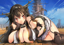 Rule 34 | 10s, 1girl, akasaai, black hair, blush, breasts, cleavage, fingerless gloves, gloves, highres, kantai collection, large breasts, long hair, lying, miniskirt, nagato (kancolle), navel, nipple slip, nipples, on side, open mouth, outstretched hand, personification, red eyes, ship, skirt, smile, solo, thighhighs, watercraft