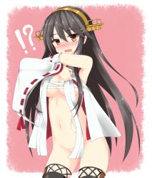 Rule 34 | !?, 10s, 1girl, armpits, bare shoulders, black hair, black thighhighs, blush, breasts, convenient censoring, cowboy shot, embarrassed, groin, hair between eyes, haruna (kancolle), highres, japanese clothes, kanitama, kantai collection, long hair, looking at viewer, medium breasts, navel, nontraditional miko, open clothes, open mouth, orange eyes, red background, sarashi, simple background, solo, thighhighs, undone sarashi, undressing, wavy mouth, wide sleeves