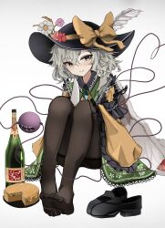Rule 34 | 1girl, absurdres, alcohol, ass, black pantyhose, champagne, cheese, feet, floral print, flower, food, full body, green eyes, green hair, green skirt, hat, hat flower, highres, holding, holding knife, jacket, knife, komeiji koishi, looking at viewer, ougiikun, pantyhose, pink flower, red flower, shoes, skirt, smile, soles, solo, thighhighs, toes, touhou, unworn shoes, white background, white flower, yellow jacket