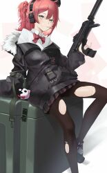 Rule 34 | 1girl, absurdres, ahoge, beret, black footwear, black jacket, black pantyhose, black skirt, bow, bowtie, candy, clothes pull, food, foot out of frame, fur-trimmed jacket, fur trim, girls&#039; frontline, gun, h&amp;k mp7, hat, headphones, highres, holding, holding gun, holding weapon, hood, hooded jacket, jacket, jacket pull, lollipop, long sleeves, medium hair, mp7 (girls&#039; frontline), nail polish, pantyhose, personal defense weapon, pleated skirt, red bow, red bowtie, red hair, red nails, revision, saturndxy, shirt, shoes, side ponytail, sitting, skirt, solo, submachine gun, suppressor, torn clothes, torn pantyhose, trigger discipline, weapon, white background, white shirt, yellow eyes