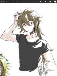 Rule 34 | 1boy, alternate hair length, alternate hairstyle, art program in frame, black shirt, brown hair, chinese commentary, closed mouth, commentary request, green eyes, hair between eyes, hand in own hair, highres, isoi reiji, male focus, ponytail, procreate (medium), procreate (software), saibou shinkyoku, shirt, simple background, solo, t-shirt, tsukitsukiya, upper body, white background