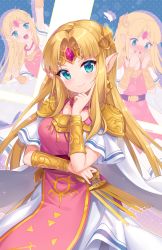 Rule 34 | 1girl, :d, arm up, bead necklace, beads, blonde hair, blue eyes, blush, bracer, circlet, closed mouth, dress, earrings, forehead jewel, gown, highres, jewelry, lips, long hair, looking at viewer, moorina, necklace, nintendo, open mouth, pointy ears, princess zelda, short sleeves, smile, solo, super smash bros., the legend of zelda, the legend of zelda: a link between worlds, tiara, triforce, tunic