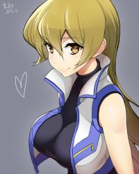 Rule 34 | 1girl, bare shoulders, black shirt, blonde hair, blush, breasts, brown eyes, collarbone, cropped jacket, duel academy uniform (yu-gi-oh! gx), female focus, grey background, hair between eyes, heart, highres, impossible clothes, large breasts, lips, long hair, looking at viewer, mattari yufi, shirt, simple background, sleeveless, sleeveless jacket, smile, solo, taut clothes, taut shirt, tenjouin asuka, upper body, yu-gi-oh!, yu-gi-oh! arc-v, yu-gi-oh! gx, zipper, zipper pull tab