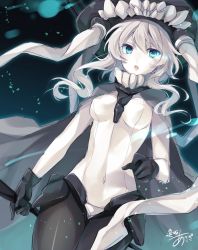 Rule 34 | 1girl, abyssal ship, black gloves, blue eyes, bodysuit, cape, gloves, glowing, glowing eyes, highres, kantai collection, long hair, looking at viewer, one-hour drawing challenge, pale skin, signature, silver hair, solo, staff, toosaka asagi, wo-class aircraft carrier