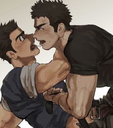 Rule 34 | 2boys, arm support, belt, black hair, black shirt, grey background, imminent anal, imminent penetration, kiss, male focus, multiple boys, open belt, original, sagami jon, saliva, saliva trail, shirt, short hair, sideburns, simple background, sleeves rolled up, surprised, t-shirt, tongue, tongue out, upper body, yaoi