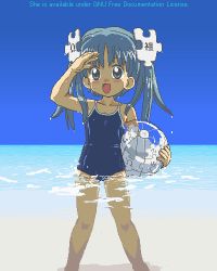 Rule 34 | 1girl, alternate costume, arm up, ball, barefoot, beach, beachball, blue eyes, blue hair, blue one-piece swimsuit, blue sky, blush, child, competition school swimsuit, day, english text, flat chest, happy, holding, jaggy lines, jigsaw puzzle, kasuga (kasuga39), long hair, looking at viewer, lowres, matching hair/eyes, ocean, oekaki, one-piece swimsuit, outdoors, parted bangs, puzzle, puzzle piece, salute, school swimsuit, shadow, sky, solo, standing, swimsuit, transparent, twintails, wading, water, wet, wet hair, wikipe-tan, wikipedia