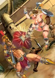 Rule 34 | 1girl, 3boys, abs, architecture, armor, audience, axe, bandages, barbarian, barefoot, blocking, blonde hair, blood, blood stain, breasts, choker, cleavage, colosseum, commentary request, corpse, covered erect nipples, f.s., fighting, gladiator, gladius, greaves, greco-roman architecture, greco-roman clothes, hat, helmet, highres, holding, holding axe, kicking, large breasts, loincloth, long hair, midriff, mixed-sex combat, multiple boys, muscular, muscular female, muscular male, navel, o-ring, o-ring top, open mouth, original, roman clothes, scar, shield, spiked choker, spikes, sweat, tail, thigh strap, twintails, warrior, wolf hat