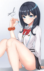 Rule 34 | 10s, 1girl, arm support, ass, black hair, black skirt, blue eyes, blush, bow, bowtie, breasts, buttons, cardigan, dated, earphones, gridman universe, highres, holding, holding earphones, long hair, long sleeves, looking at viewer, loose neckwear, pleated skirt, red bow, school uniform, scrunchie, shirt, signature, simple background, sitting, skirt, solo, ssss.gridman, takarada rikka, thighs, twitter username, unel, white shirt, wrist scrunchie