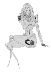 Rule 34 | 1girl, absurdres, android, apex legends, ash (titanfall 2), colored sclera, greyscale, highres, hood, hood up, looking at viewer, monochrome, rontu, science fiction, simulacrum (titanfall), sitting, solo, white background