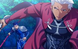 Rule 34 | 2boys, akujiki59, archer (fate), blue bodysuit, blue hair, bodysuit, covered abs, cu chulainn (fate), cu chulainn (fate/stay night), dark-skinned male, dark skin, earrings, fate/stay night, fate (series), forest, gae bolg (fate), grey eyes, grey hair, holding, holding weapon, jewelry, long hair, long sleeves, looking at another, male focus, multiple boys, nature, official style, open mouth, outdoors, ponytail, shoulder plates, standing, tree, weapon, white hair