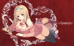 Rule 34 | 1girl, blonde hair, breasts, cleavage, dille blood, dlsite.com, female focus, headband, long hair, original, parsley-f, solo, thighhighs, valentine, yellow eye