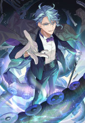 Rule 34 | 1boy, aqua eyes, aqua hair, azul ashengrotto, black suit, bone, bow, bowtie, cane, commentary request, formal, full body, glasses, gloves, gradient background, grey jacket, hand on cane, highres, jacket, jacket on shoulders, lens flare, looking at viewer, male focus, open clothes, open jacket, outstretched hand, purple bow, purple bowtie, semi-rimless eyewear, shirt, siiisuuu, single sidelock, smile, solo, standing, suit, teeth, tentacles, twisted wonderland, white gloves, white shirt