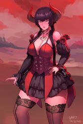 Rule 34 | 1girl, absurdres, black hair, black skirt, black sleeves, black thighhighs, breasts, chest tattoo, cleavage, commission, corset, cowboy shot, demon horns, detached sleeves, eliza (tekken), flower, frilled skirt, frills, gad the god, gothic lolita, hair over shoulder, hand on own hip, highres, horns, lace, lace legwear, large breasts, lolita fashion, long hair, looking at viewer, low twintails, nail polish, namco, neck tattoo, plunging neckline, purple lips, purple nails, red horns, ringed eyes, rose, seamed legwear, second-party source, skirt, solo, standing, tattoo, tekken, tekken 7, thick thighs, thighhighs, thighs, twintails, wide hips, yellow eyes, zettai ryouiki