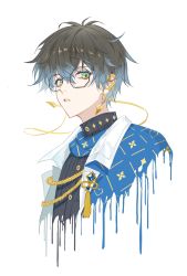 Rule 34 | 1boy, aiguillette, blue hair, blue scarf, brown hair, buttons, capelet, collared jacket, commentary, cropped shoulders, dripping, earrings, eyelashes, eyewear strap, gem, glasses, gold earrings, gradient hair, green eyes, grey shirt, hair between eyes, highres, ike eveland, ike eveland (1st costume), jacket, jewelry, looking at viewer, male focus, multicolored eyes, multicolored hair, nijisanji, nijisanji en, open clothes, open jacket, parted lips, scarf, shirt, short hair, solo, tassel, turtleneck, upper body, virtual youtuber, white background, white jacket, yee (yee45913139), yellow eyes