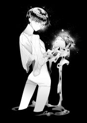 Rule 34 | 2others, androgynous, back, backless outfit, blunt bangs, crystal hair, disembodied head, greyscale, holding head, houseki no kuni, kyou zuki, liquid, long hair, looking at viewer, looking back, melting, monochrome, moon uniform (houseki no kuni), multiple others, phosphophyllite, phosphophyllite (ll), see-through, see-through sleeves, serious, short hair, shorts, spoilers, very long hair
