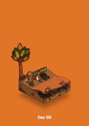 Rule 34 | beach, campfire, commentary request, coral, diorama, gozz, highres, isometric, leaf, orange background, orange theme, original, paddle, palm leaf, raft, standing, tree
