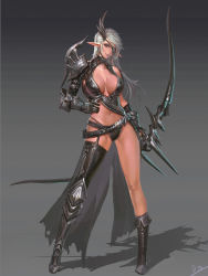 Rule 34 | 1girl, aion, armor, asymmetrical clothes, bad id, bad pixiv id, belt, bikini armor, boots, bow, bow (weapon), breasts, cleavage, elf, eyepatch, gradient background, grey hair, highres, large breasts, long hair, pauldrons, pointy ears, revealing clothes, shoulder armor, single thighhigh, smjim1986, solo, thighhighs, weapon