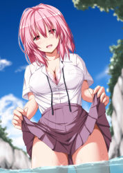 Rule 34 | 1girl, alternate costume, blush, bra, breasts, cleavage, clothes lift, highres, large breasts, looking at viewer, nori tamago, open mouth, pink bra, pink hair, red eyes, river, saigyouji yuyuko, school uniform, shirt tucked in, short hair, skirt, skirt lift, smile, solo, touhou, underwear, wading, water, wet