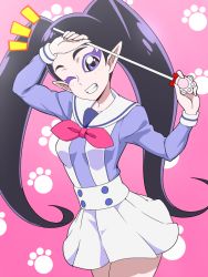 Rule 34 | 1girl, bow, bowtie, cosplay, go! princess precure, long sleeves, miss siamour, miss siamour (human), one eye closed, pink bow, pleated skirt, pointy ears, precure, puffy long sleeves, puffy sleeves, sailor collar, school uniform, skirt, solo, suspender skirt, suspenders, tj-type1, uniform, wand