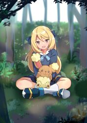 Rule 34 | 1girl, :d, aged down, black dress, black footwear, blonde hair, blue ribbon, buneary, commentary request, creatures (company), cynthia (pokemon), day, dress, forest, game freak, gen 4 pokemon, grass, hair ribbon, highres, long hair, long sleeves, looking at viewer, nature, neck ribbon, nintendo, on lap, open mouth, outdoors, pokemon, pokemon (anime), pokemon (creature), pokemon journeys, pokemon on lap, ribbon, shoes, sitting, smile, socks, sylux, white socks