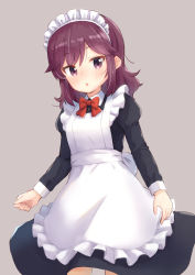 Rule 34 | 1girl, alternate costume, blush, bow, bowtie, breasts, brown eyes, brown hair, enmaided, frills, grey background, highres, kuramoto takato, looking at viewer, machikado mazoku, maid, maid headdress, open mouth, short hair, simple background, small breasts, solo, standing, yoshida ryouko