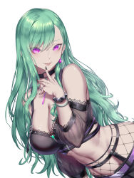 Rule 34 | 1girl, absurdres, bangle, bead necklace, beads, black choker, black nails, bracelet, breasts, choker, cleavage, crop top, detached sleeves, earrings, eyelashes, fingernails, fishnet pantyhose, fishnets, gem, glint, green gemstone, green hair, hand up, highres, jewelry, kumiko shiba, lace-trimmed sleeves, lace trim, large breasts, leaning to the side, lipstick, long fingernails, long hair, looking at viewer, makeup, midriff, mole, mole on breast, nail polish, navel, necklace, pantyhose, purple eyes, smile, solo, swept bangs, symbol-shaped pupils, toned, virtual youtuber, vspo!, yakumo beni, yakumo beni (1st costume)