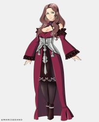 Rule 34 | 1girl, breasts, brown hair, cleavage, collar, corset, detached sleeves, dorothea arnault, dress, earrings, fire emblem, fire emblem: three houses, green eyes, highres, jewelry, large breasts, long hair, nintendo, red dress