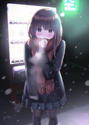 Rule 34 | 1girl, black jacket, black pantyhose, blue skirt, blush, brown eyes, brown hair, chikuwa (odennabe), covered mouth, highres, jacket, long hair, long sleeves, looking at viewer, night, original, outdoors, pantyhose, plaid, plaid skirt, pleated skirt, red scarf, scarf, school uniform, skirt, snow, snowing, solo, standing, uniform, vending machine