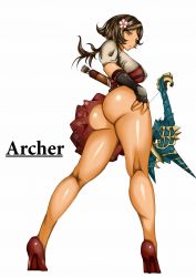 Rule 34 | 1girl, armor, arrow (projectile), ass, bottomless, bow (weapon), breasts, brown eyes, brown hair, fingerless gloves, flower, gloves, hair flower, hair ornament, high heels, highres, japanese armor, justin (sera tony), kote, large breasts, long hair, muneate, no panties, original, ponytail, quiver, shiny skin, solo, weapon