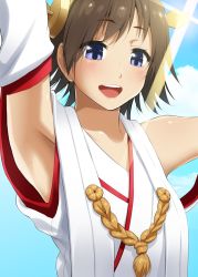 Rule 34 | 10s, 1girl, arm up, armpits, bad id, bad pixiv id, blue eyes, blue sky, brown hair, cloud, day, hair ornament, hiei (kancolle), kantai collection, mattari yufi, nontraditional miko, open mouth, sky, smile, solo, upper body