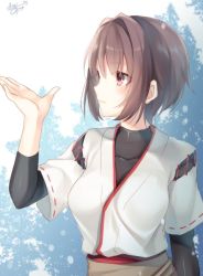 Rule 34 | 10s, 1girl, artist name, bodystocking, brown hair, highres, hyuuga (kancolle), jpeg artifacts, kantai collection, one-hour drawing challenge, outstretched hand, profile, ribbon-trimmed sleeves, ribbon trim, short hair, signature, snowing, solo, toosaka asagi